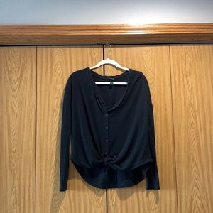 Black front tie sweater. Button down